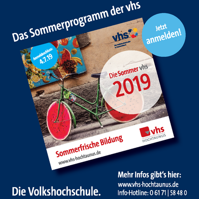 Anzeige für das Sommerprogramm der vhs Hochtaunus mit dem Titel der aktuellen Programmbroschüre 2019