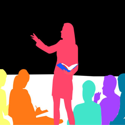 Bunte Silhouetten von Menschen / Dozentin vor einer Klassebunte